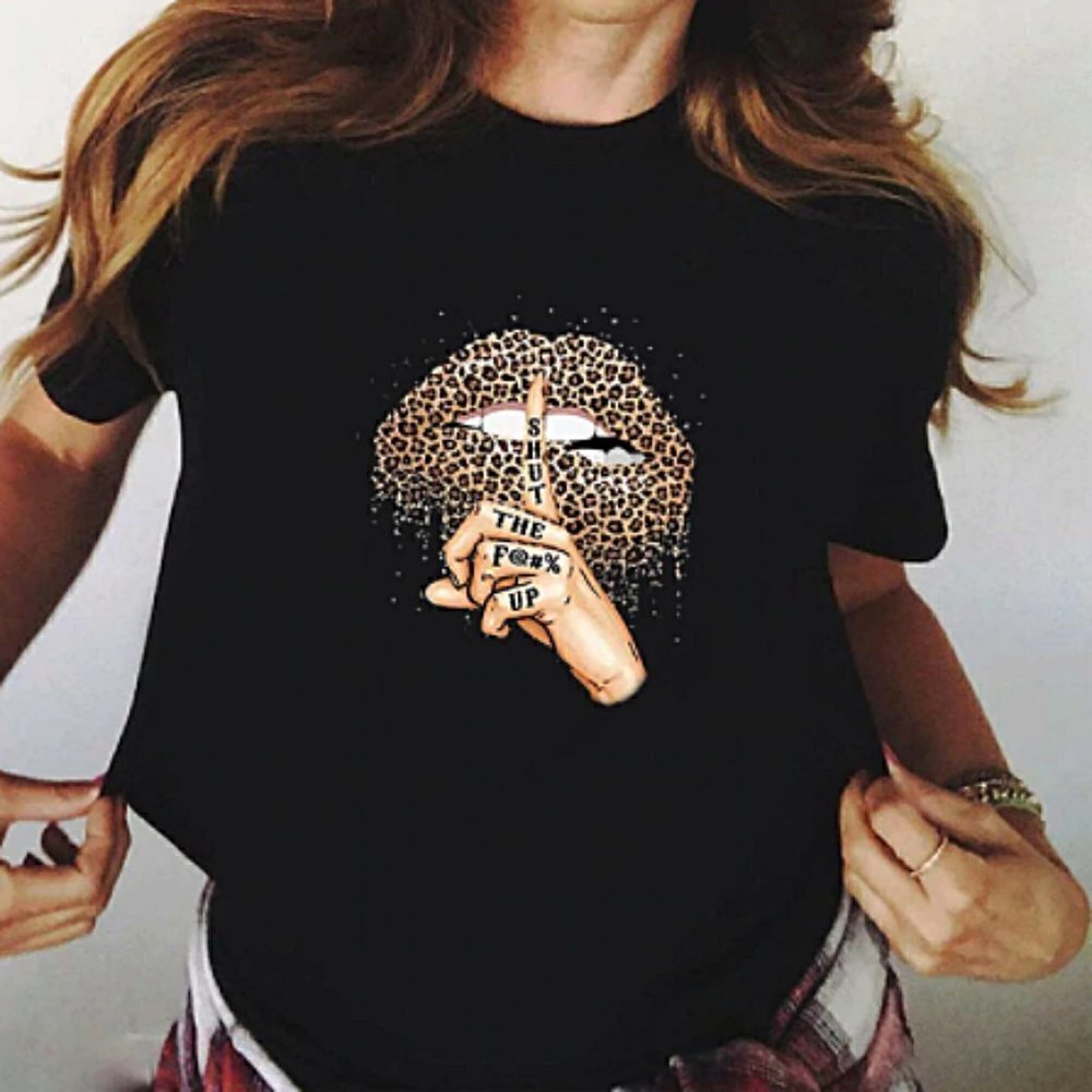 Edgy Street Casual Leopard Lips Soft Black Graphic Short Sleeve Statement Tee